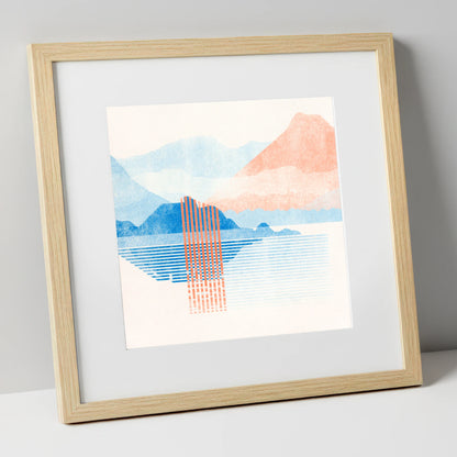 Geometric Derwentwater in Coral and Blue lake district lake art print in natural frame