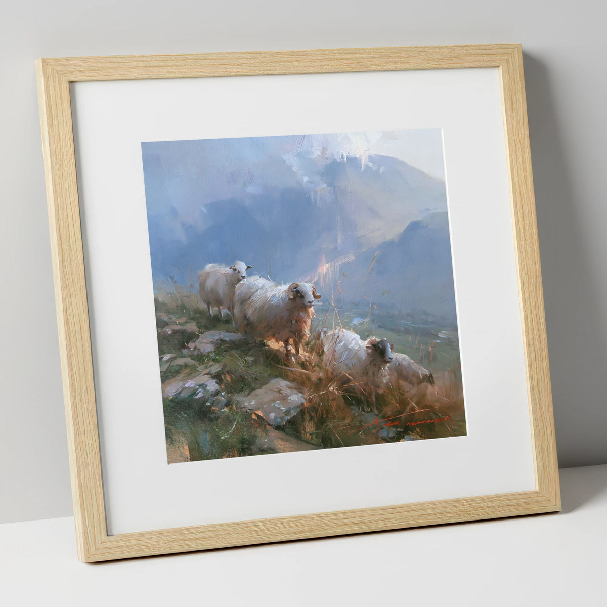 Herdwick Sheep on a Sunlit Fell lake district wildlife art print in natural frame