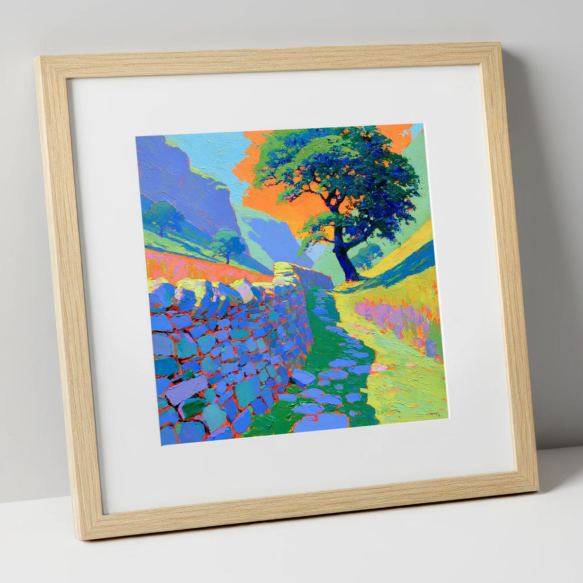 Vibrant Valley Drystone Wall Path lake district valley art print in natural frame