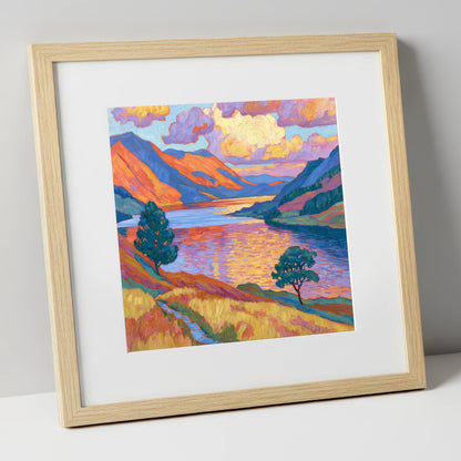 Radiant Evening Glow on the Fells lake district lake art print in natural frame