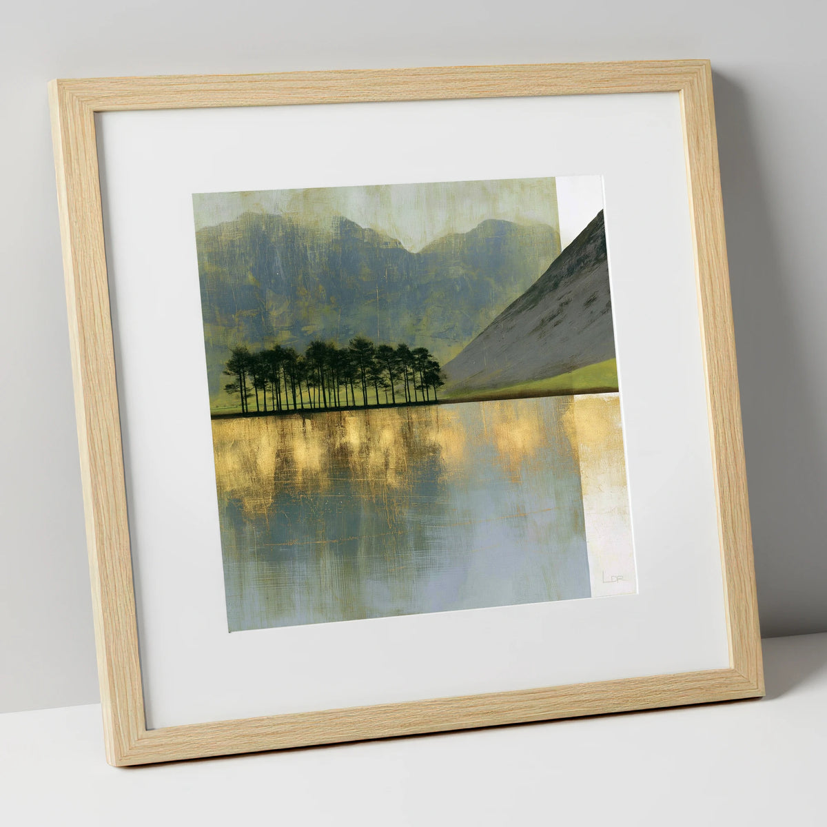 Buttermere Pines in Slate and Gold lake district lake art print in natural frame