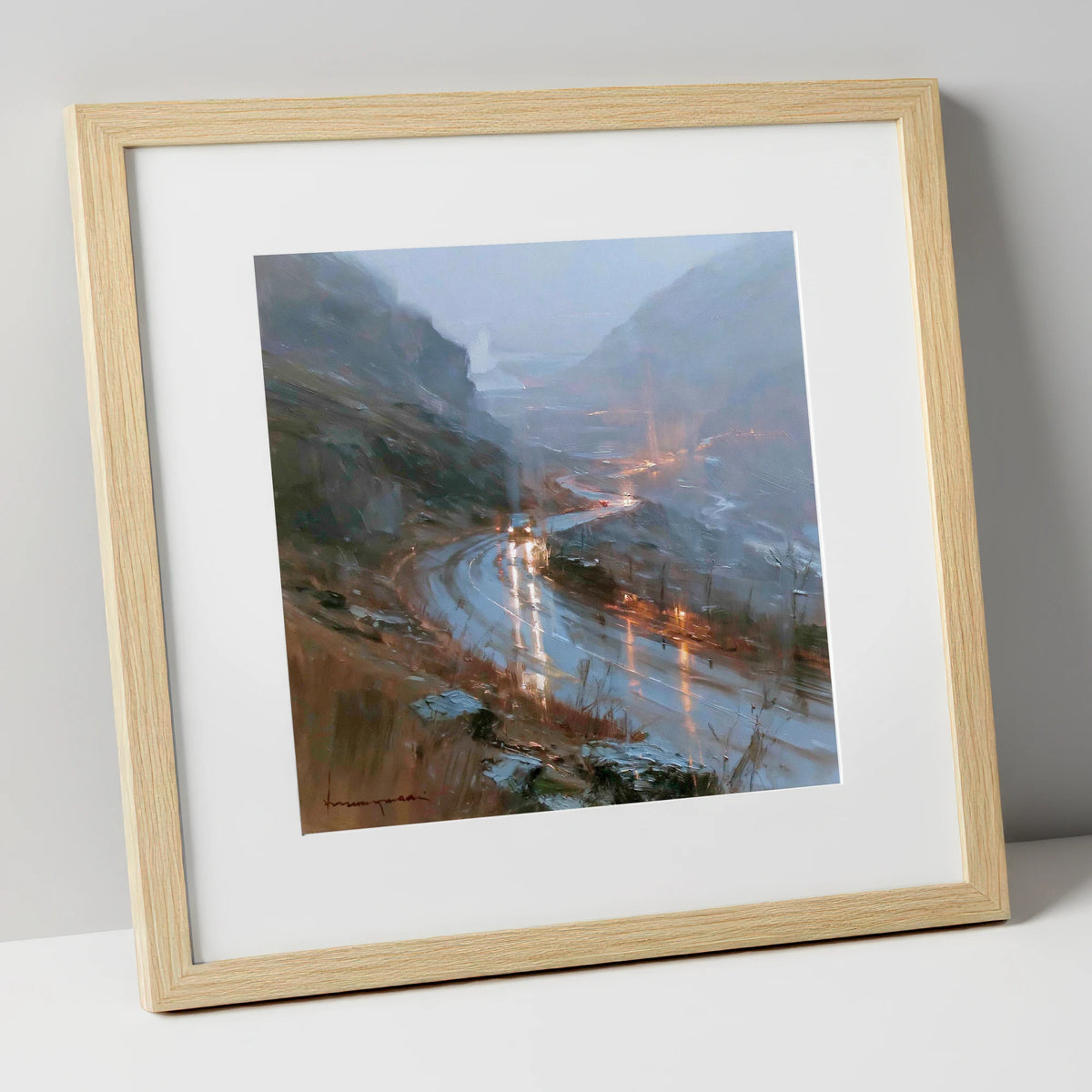 Rainy Mountain Pass at Dusk lake district valley art print in natural frame