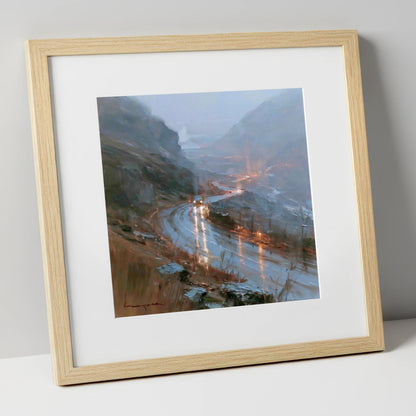 Rainy Mountain Pass at Dusk lake district valley art print in natural frame