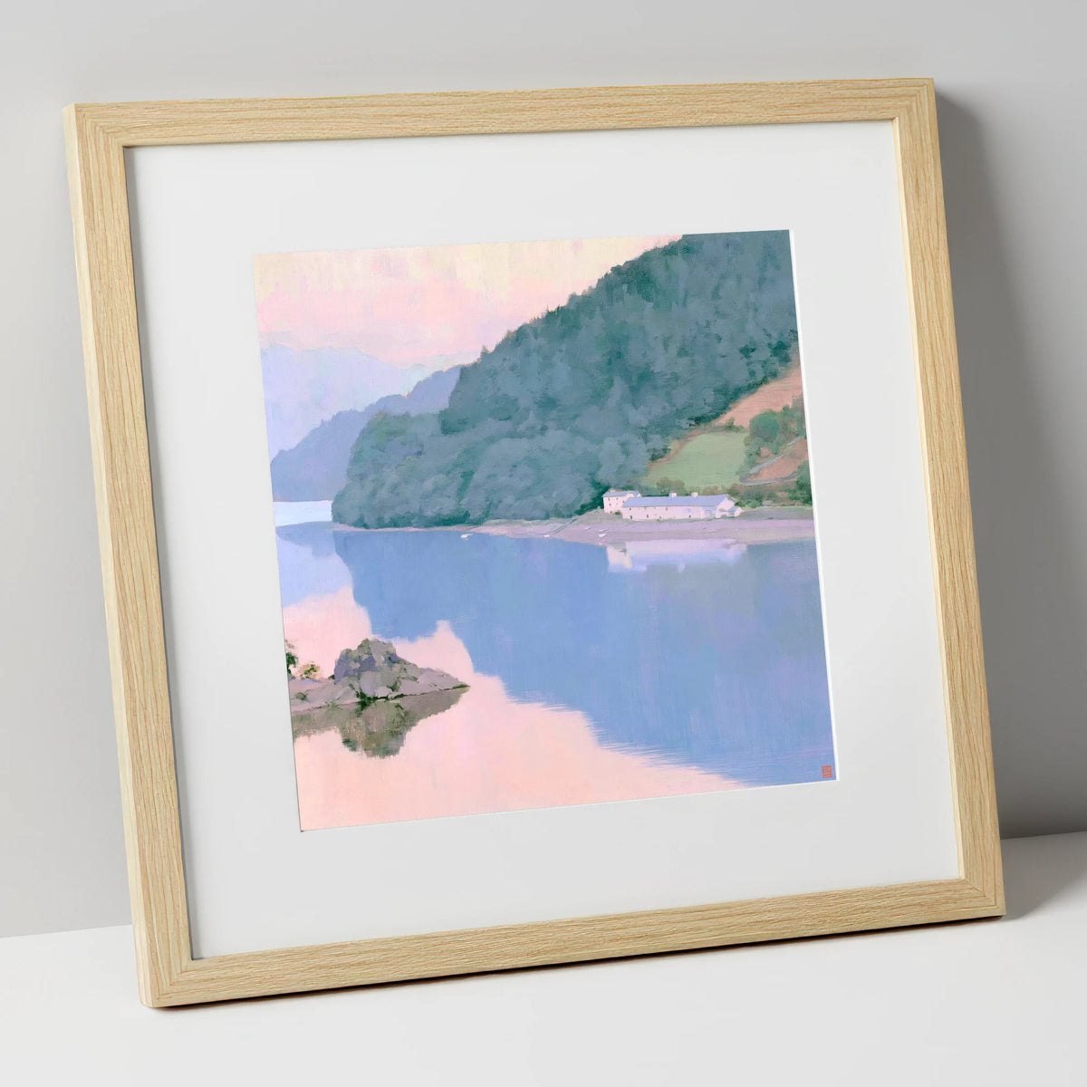 Pink Dawn on Coniston Water lake district lake art print in natural frame