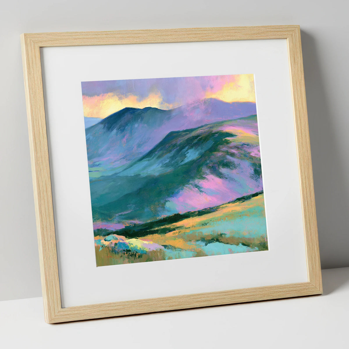 Mountain Summit in Pastel Light lake district fell art print in natural frame