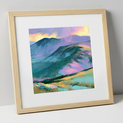 Mountain Summit in Pastel Light lake district fell art print in natural frame