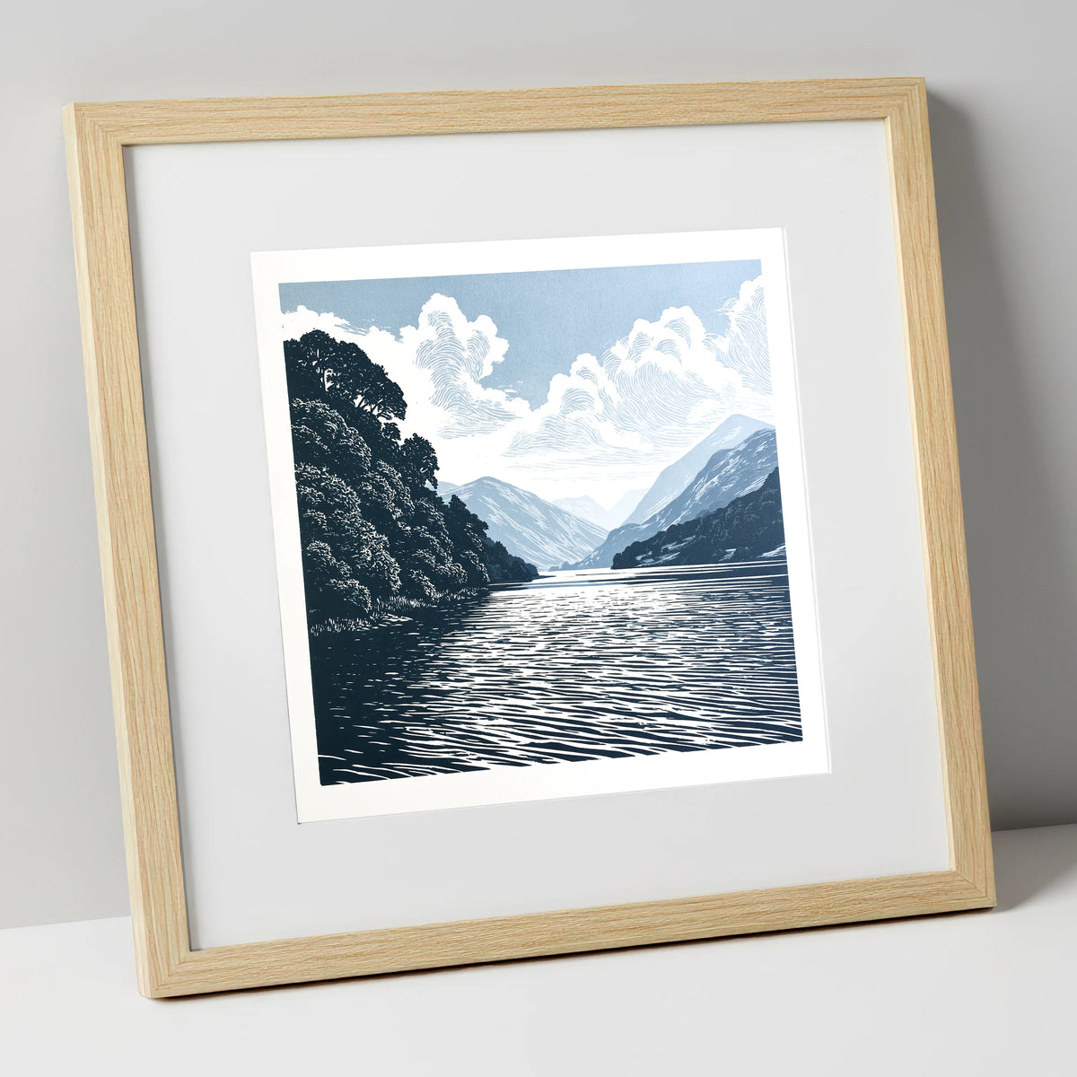 Deep Blue Coniston Water Fells lake district lake art print in natural frame