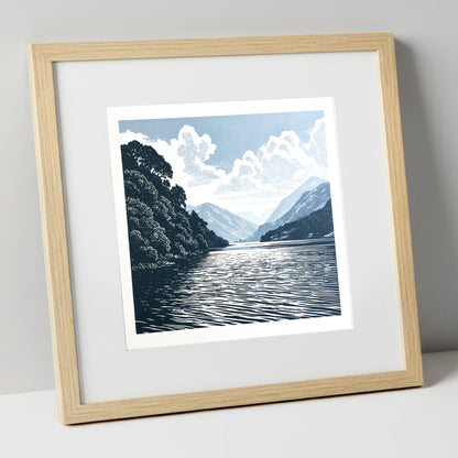 Deep Blue Coniston Water Fells lake district lake art print in natural frame