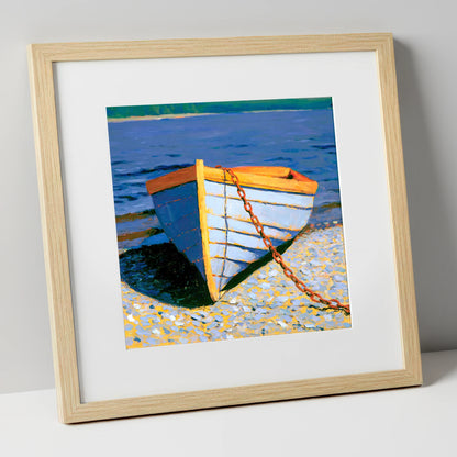 Blue Wooden Boat on Windermere lake district lake art print in natural frame