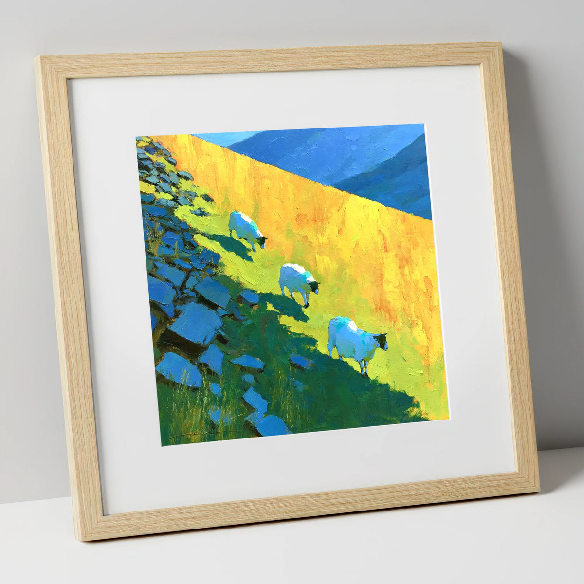 Fellside Sheep in Radiant Mountain Sunlight lake district wildlife art print in natural frame