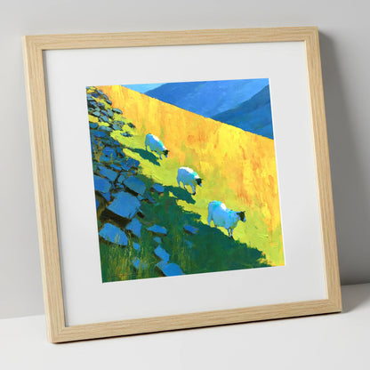 Fellside Sheep in Radiant Mountain Sunlight lake district wildlife art print in natural frame