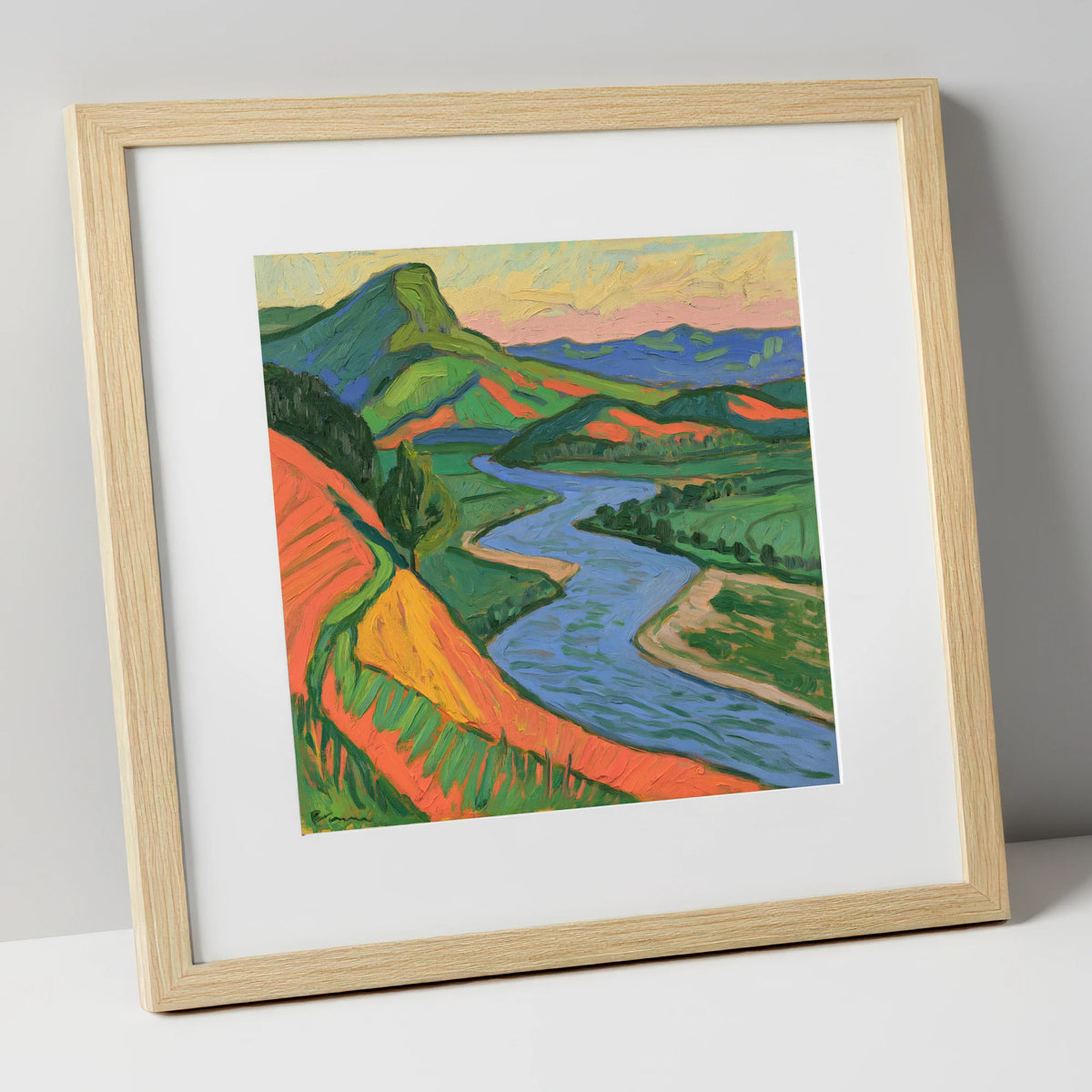 Vivid Orange and Green River Valley lake district waterfall art print in natural frame