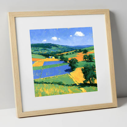 Colourful Dale Patchwork Fields lake district valley art print in natural frame