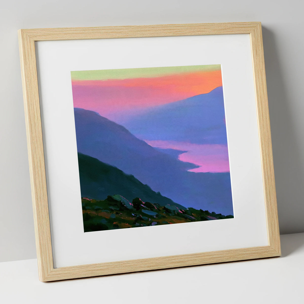 Vivid Sunset Over the Fells lake district fell art print in natural frame