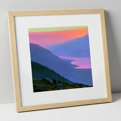 Vivid Sunset Over the Fells lake district fell art print in natural frame