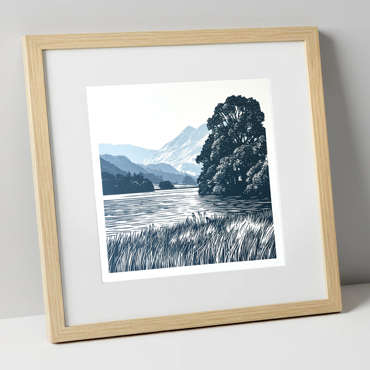 Grasmere Lake in Navy Blue lake district lake art print in natural frame