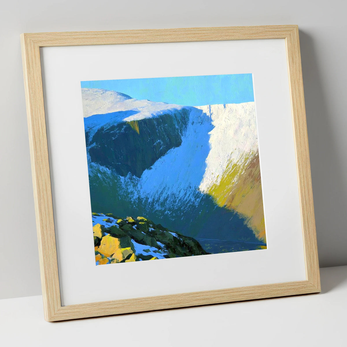 Sunlit Snow on Lingmell Crags lake district fell art print in natural frame