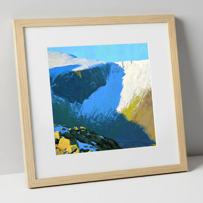 Sunlit Snow on Lingmell Crags lake district fell art print in natural frame