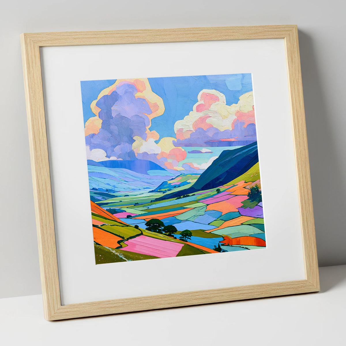 Lavender Clouds Over Rolling Fells lake district fell art print in natural frame