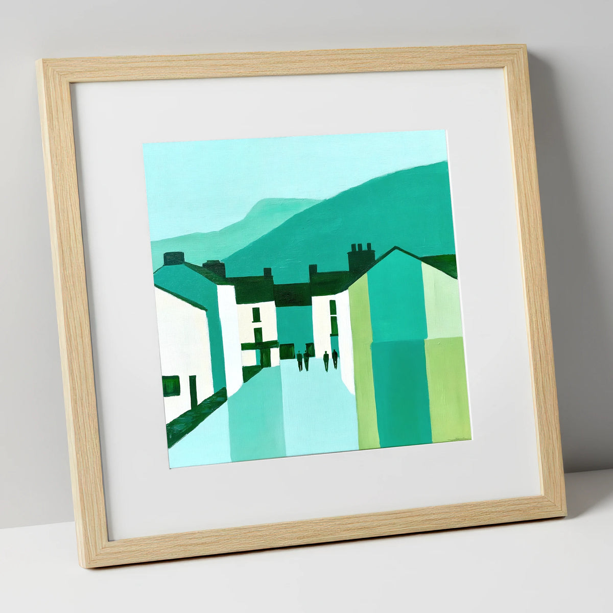 Teal Ambleside Street Scene lake district village art print in natural frame