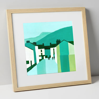 Teal Ambleside Street Scene lake district village art print in natural frame