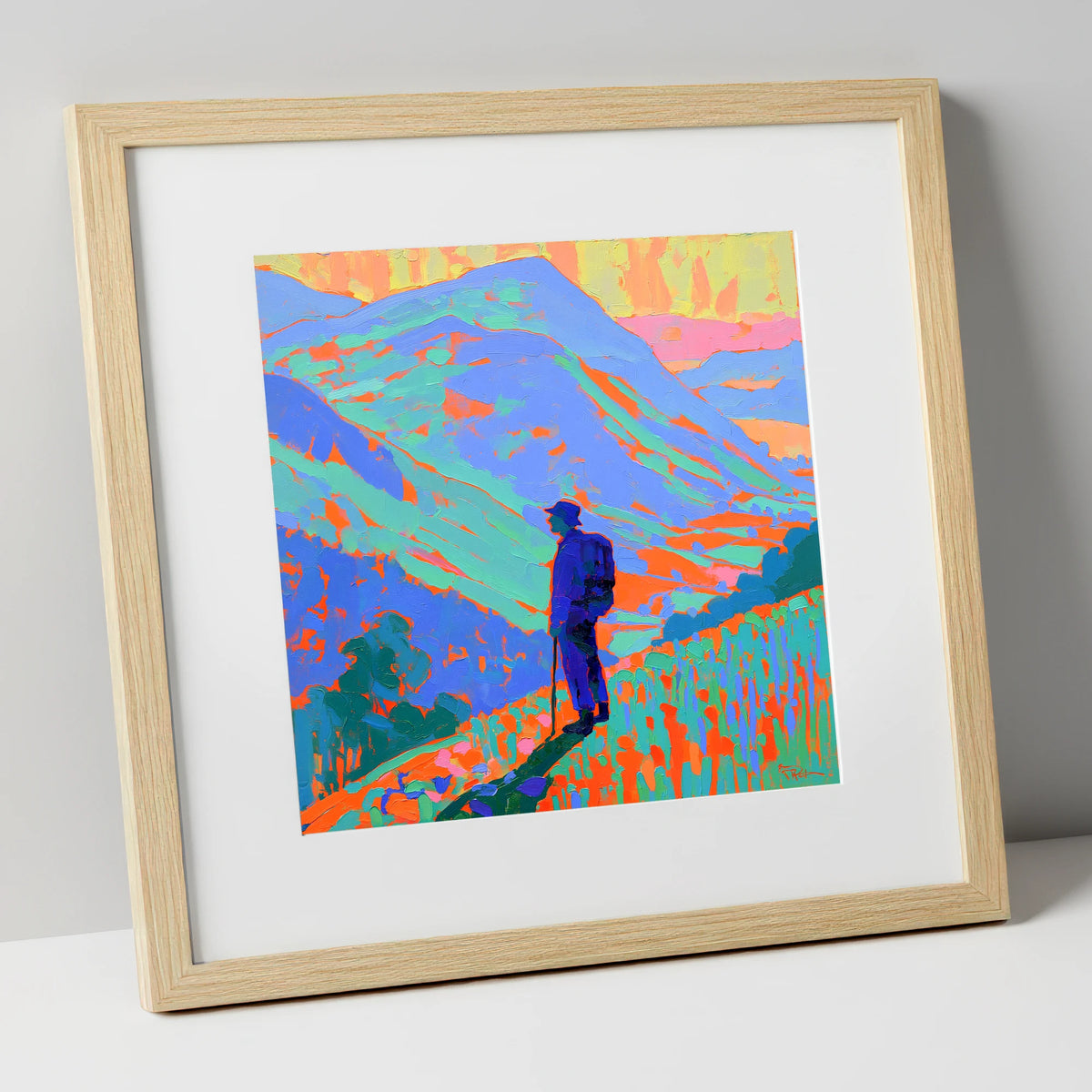 Vibrant Fell Walker Silhouette lake district walking art print in natural frame