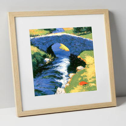 Sunlit Stone Bridge and Beck lake district waterfall art print in natural frame