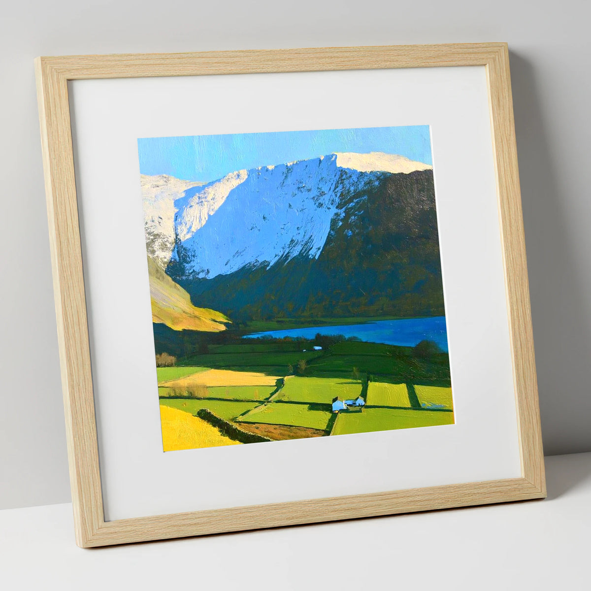 Sunlit Fields Below High Hartsop Dodd lake district fell art print in natural frame