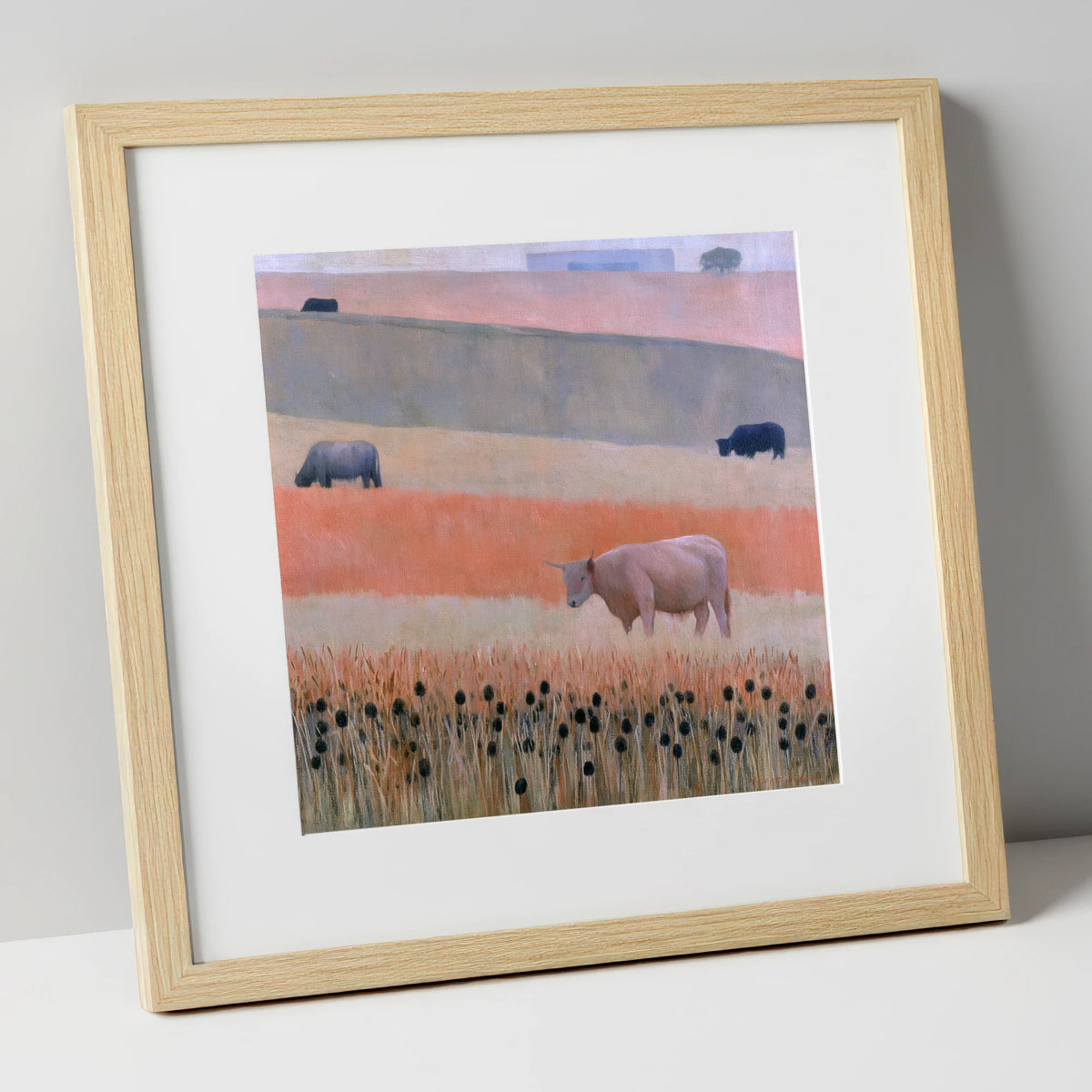Highland Cattle in Pastel Fells lake district wildlife art print in natural frame