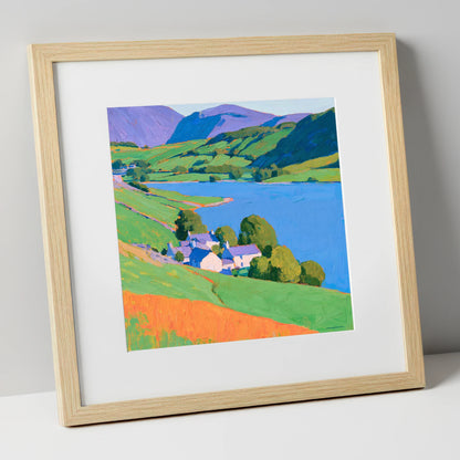 Vibrant Lakeside Village Scene lake district village art print in natural frame