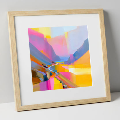 Vivid Fuchsia Winding Mountain Pass lake district valley art print in natural frame