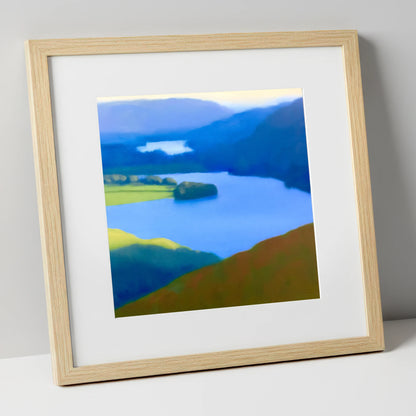 Grasmere Lake in Ultramarine Blue lake district lake art print in natural frame