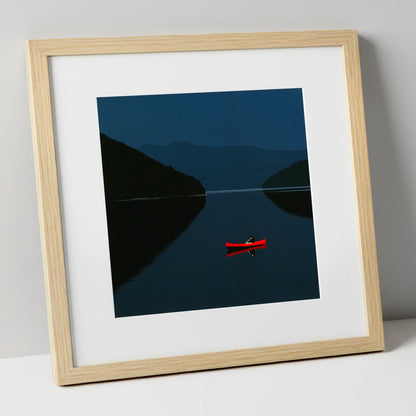 Red Kayak on Twilight Lake lake district walking art print in natural frame