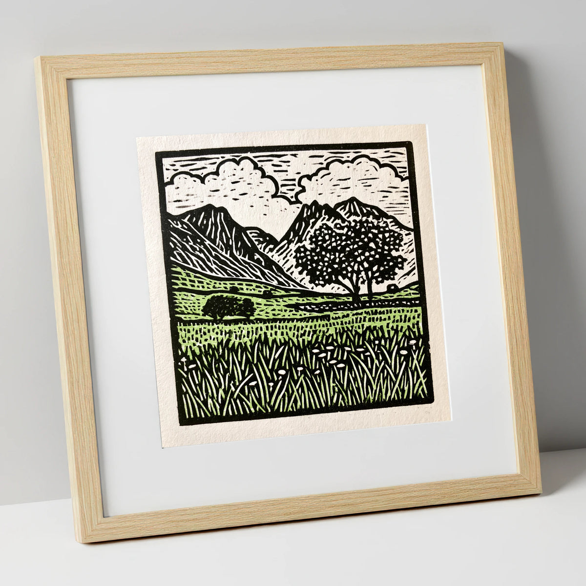 Langdale Pikes Spring Meadow lake district fell art print in natural frame