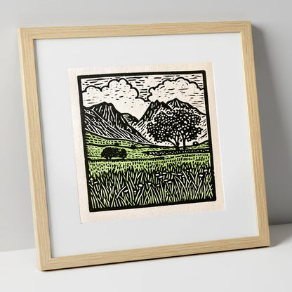 Langdale Pikes Spring Meadow lake district fell art print in natural frame
