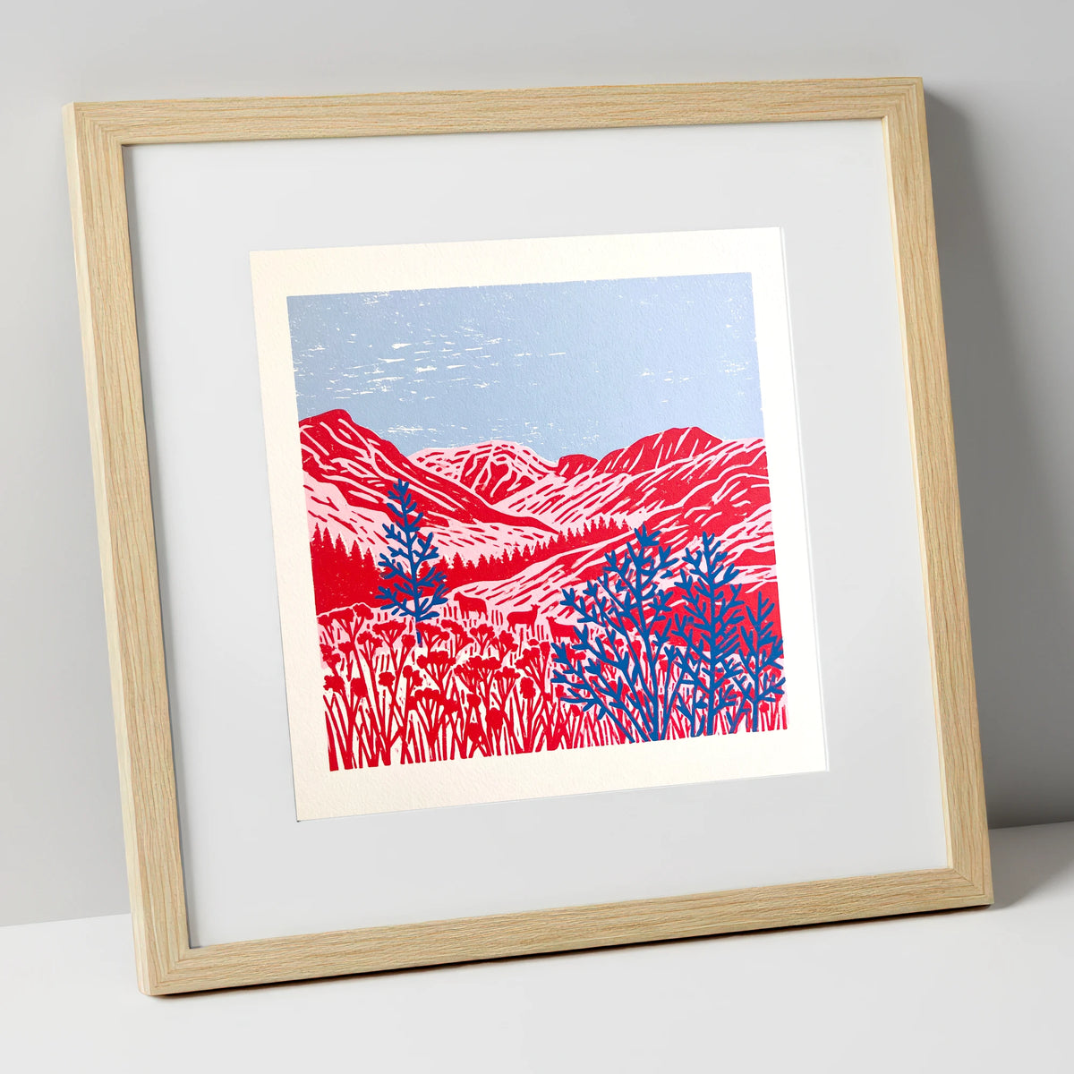 Vibrant Red Borrowdale Fells lake district valley art print in natural frame