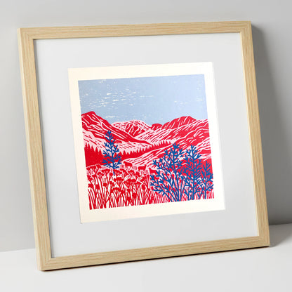 Vibrant Red Borrowdale Fells lake district valley art print in natural frame