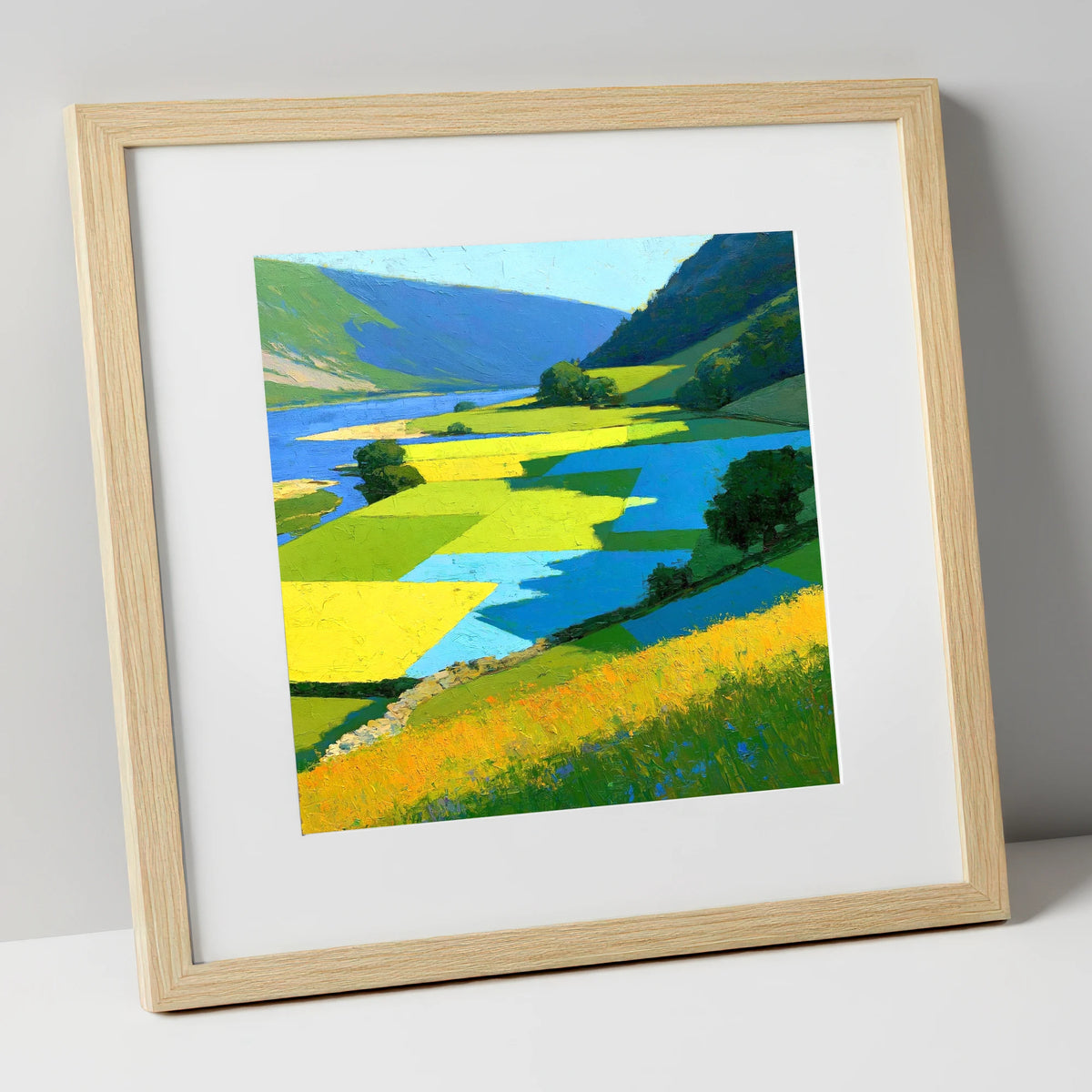 Sunlit Valley Pastures and Blue Shadows lake district valley art print in natural frame