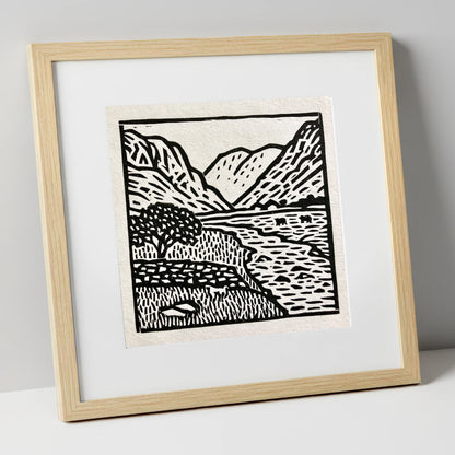 Monochrome Eskdale Valley Landscape lake district valley art print in natural frame