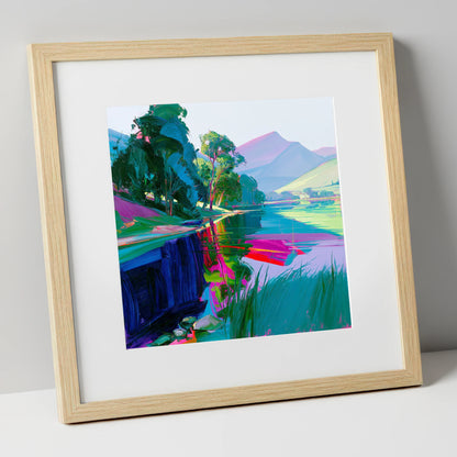 Still Lake at Vibrant Dawn lake district lake art print in natural frame
