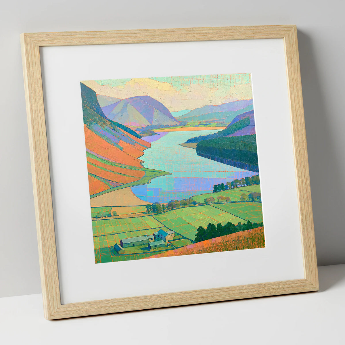 Vibrant Loweswater from Above lake district lake art print in natural frame