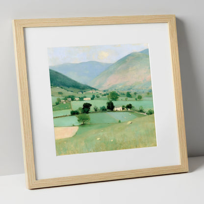 Patchwork Fields Beneath Hazy Fells lake district valley art print in natural frame