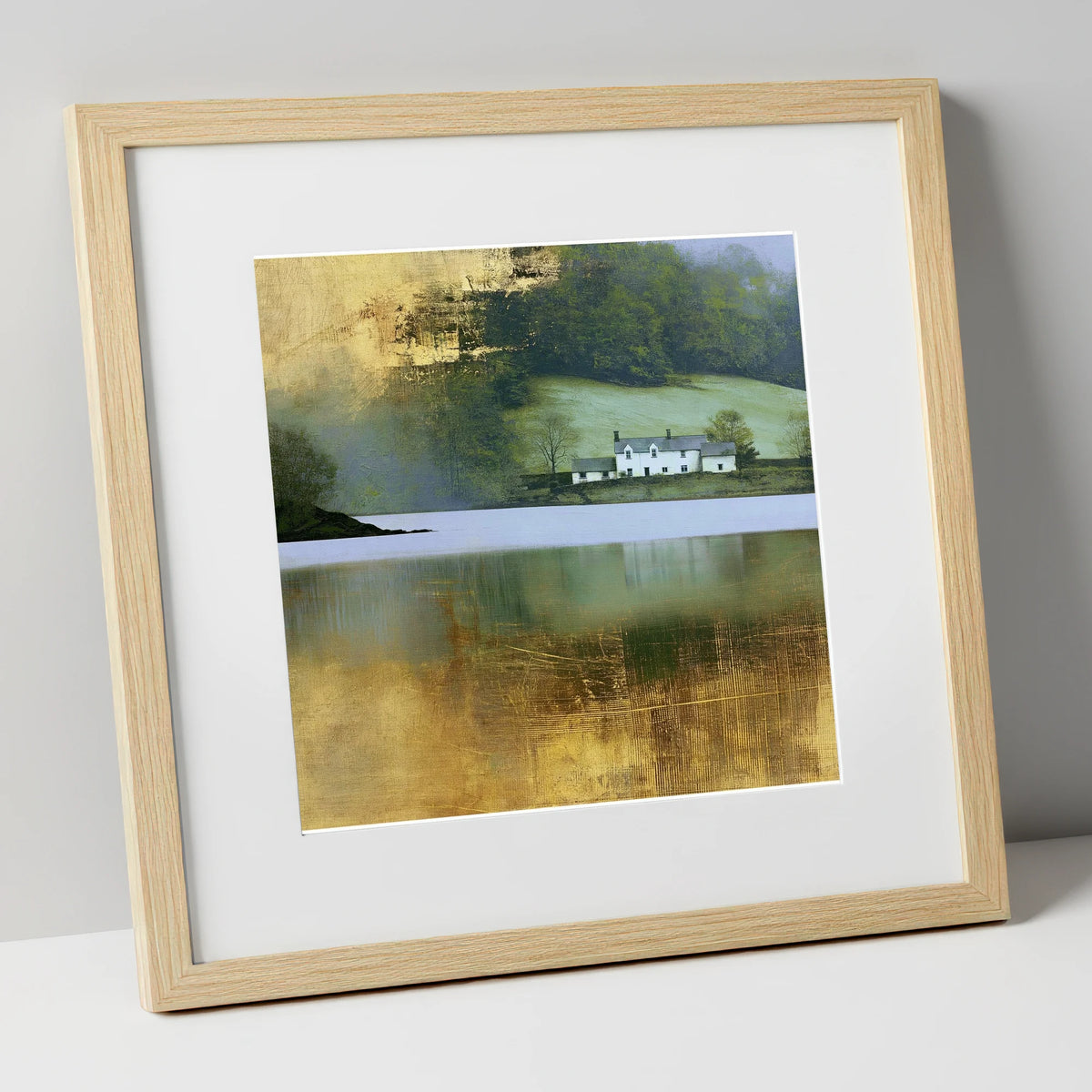 Golden Reflections on Coniston Water lake district lake art print in natural frame