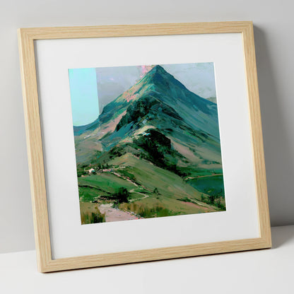 Bold Green Lake District Mountain lake district fell art print in natural frame