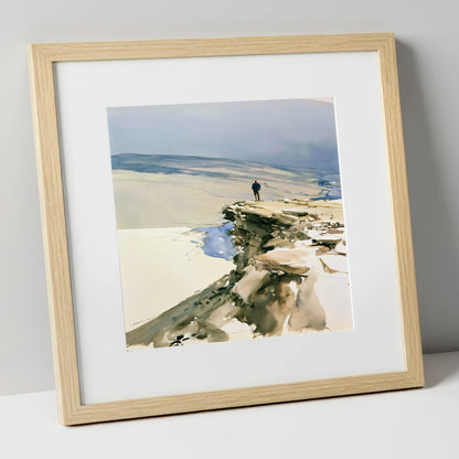 Lone Hiker on Fell Edge lake district walking art print in natural frame