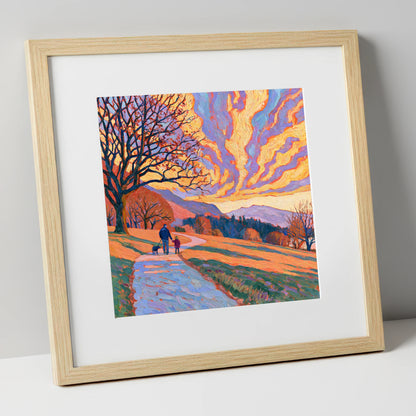 Fiery Sky Dog Walk Keswick gifts for dog walkers art print in natural frame