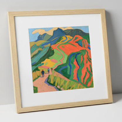 Walkers on a Vivid Fell Path lake district walking art print in natural frame