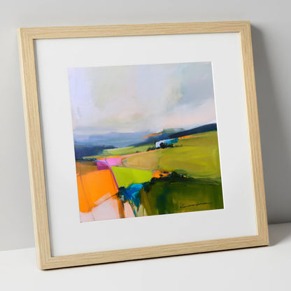 Vivid Patchwork Lakeland Dale lake district valley art print in natural frame