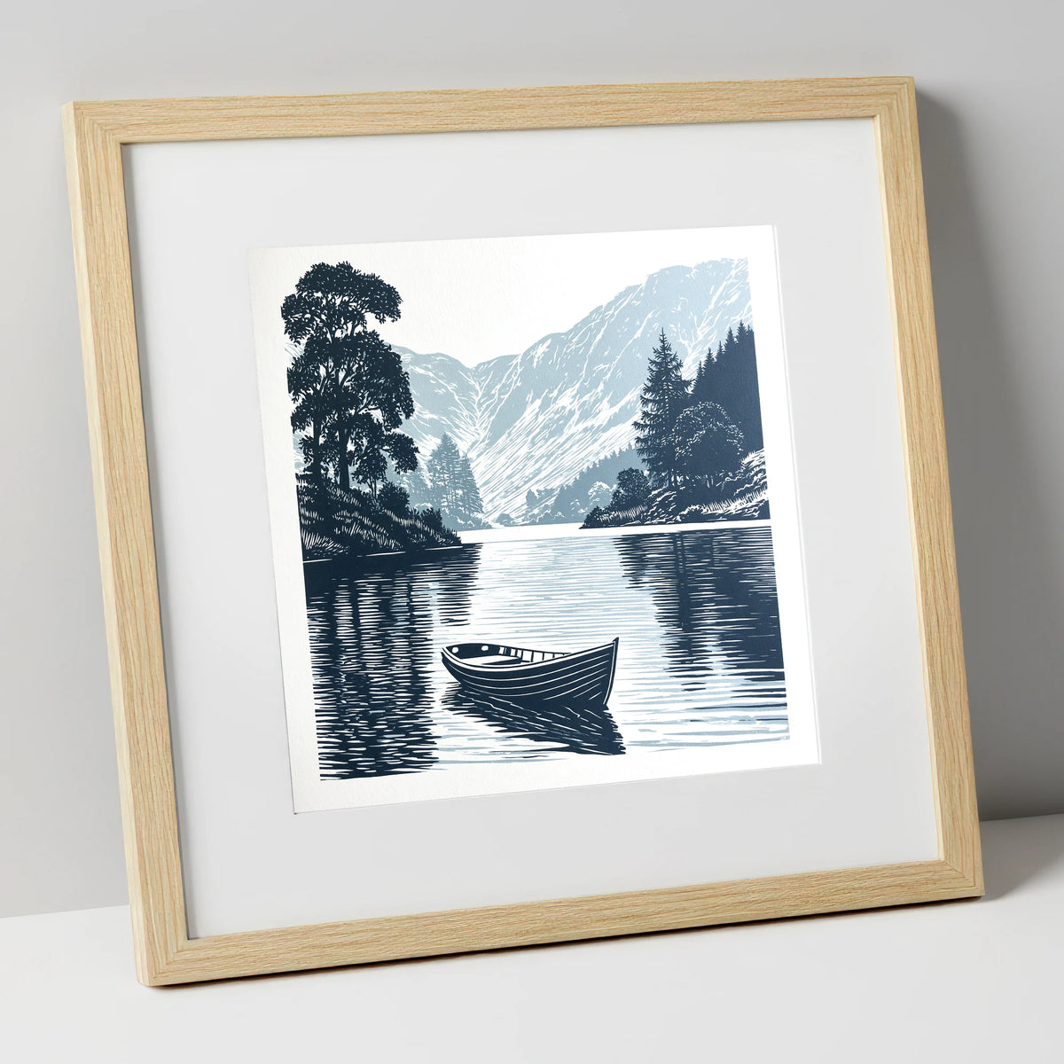 Rowing Boat at Blue Dawn lake district lake art print in natural frame