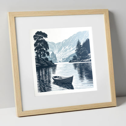 Rowing Boat at Blue Dawn lake district lake art print in natural frame